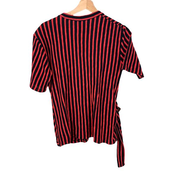 Zara Red Navy Blue Stripe Faux Wrap Knit Top S Small Buckle - Picture 3 of 8